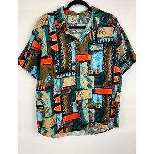 Patchwork Linen Blend Button Down Shirt XL Tropical‎ Aztec Tribal Summer